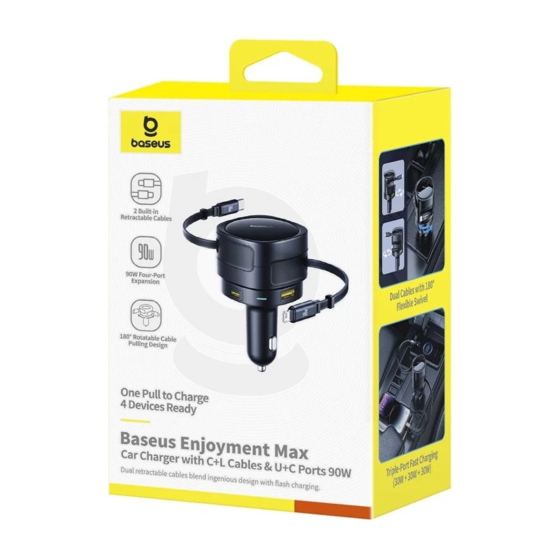 Auto lādētājs Baseus Enjoyment Max 90W ar USB-C, Lightning un USB-A pieslēgvietām