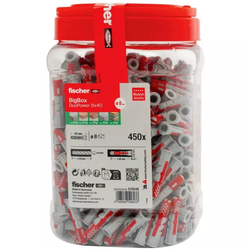 fischer sienas dībelis DUOPOWER 8x40 BigBox gaiši pelēks/sarkans 450 gab. atkārtoti noslēdzams (570549)