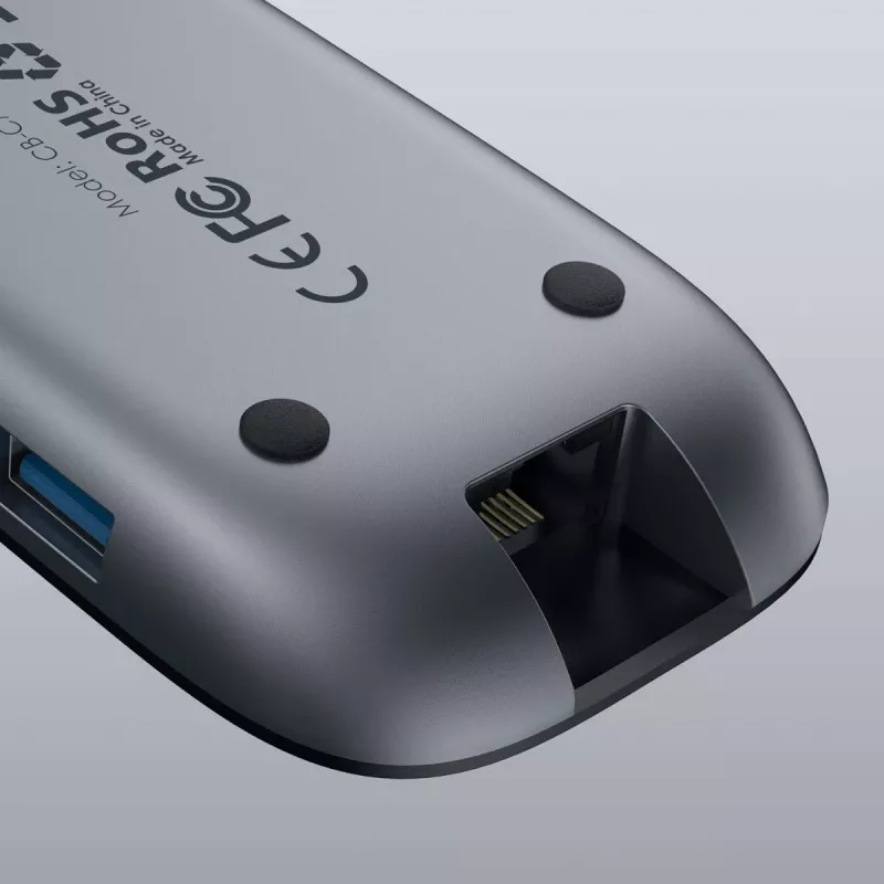 Klēpjdatora dokstacija AUKEY CB-C71 — 3x USB‑C (USB 3.2 Gen1), HDMI, RJ‑45, MicroSD, USB PD 100W, 0,15 m kabelis, melna