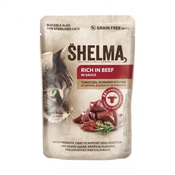 SHELMA ar tītaru, pīli, vistu un liellopu mērcē - mitrā kaķu barība - 12x85g