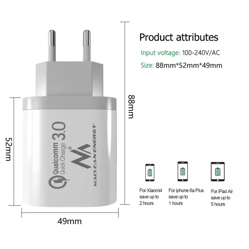 MACLEAN MCE479W sienas lādētājs — 3 portu USB ātrais lādētājs, 18 W kopējā jauda