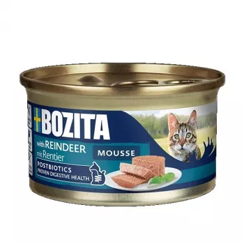 Mitrā kaķu barība BOZITA Mousse Reindeer 85 g — pilnvērtīga mitrā barība pieaugušiem kaķiem, 10,5% olbaltumvielu, 77,5% mitruma