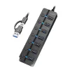 USB 3.2 Gen1 centrmezgls, 7 portu ar ieslēgšanas/izslēgšanas slēdzi, melns
