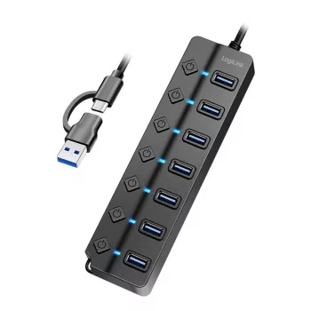 USB 3.2 Gen1 centrmezgls, 7 portu ar ieslēgšanas/izslēgšanas slēdzi, melns