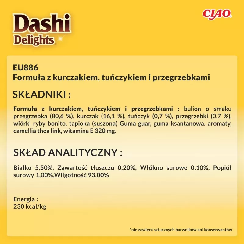 Mitrs kaķu cienasts INABA Dashi Delights — vistas gaļa ar tunča un ķemmešu garšu, 40 g maisiņš, 93% mitrums, 5,5% olbaltumvielas