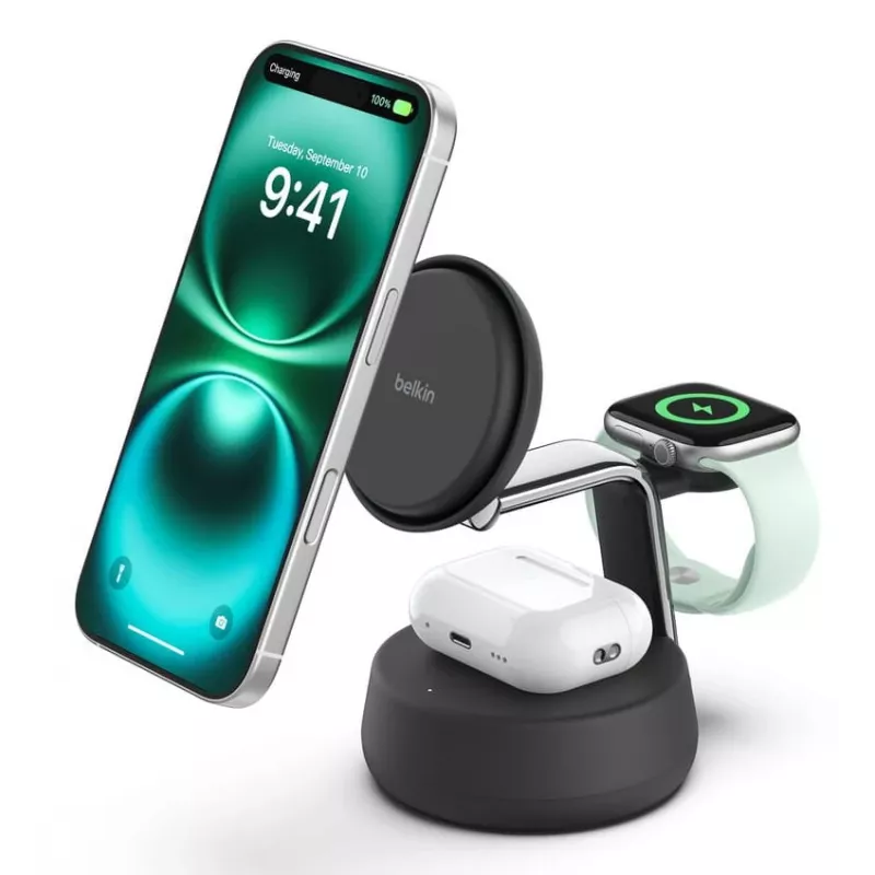 Iekštelpu lādētājs Belkin UltraCharge Pro 25W Qi2 3in1 magnētiskais lādētājs, ogles krāsā