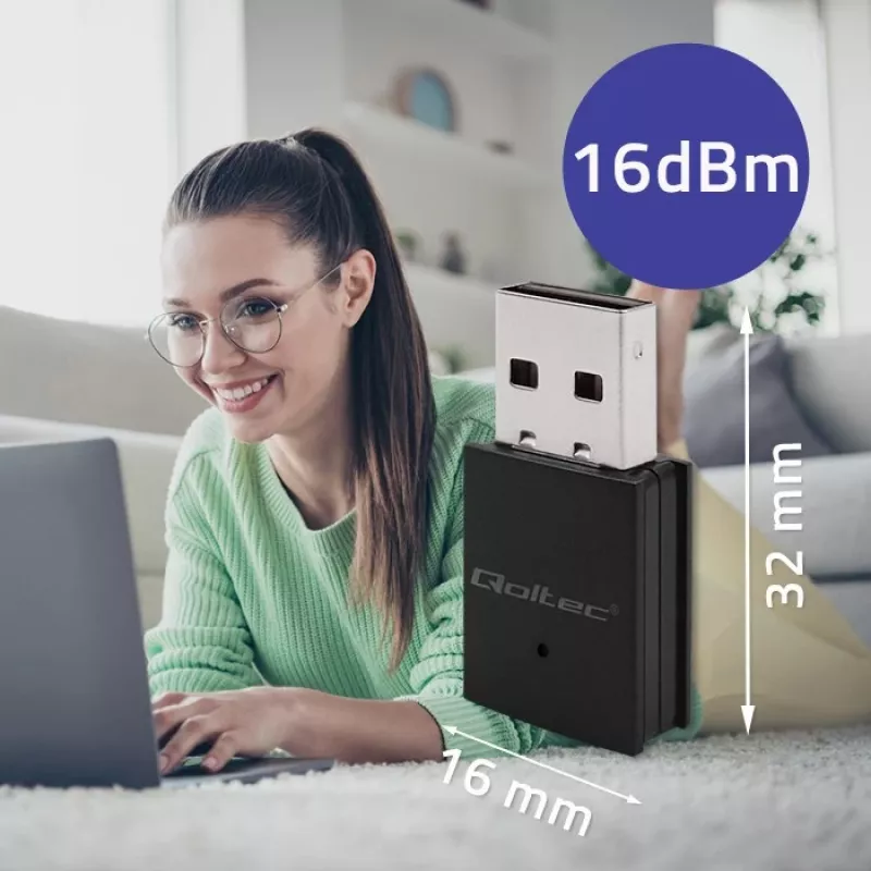 Bezvadu Mini USB Wi‑Fi adapteris QOLTEC 57007 — vienas joslas 2,4 GHz, līdz 150 Mb/s, iekšējā antena