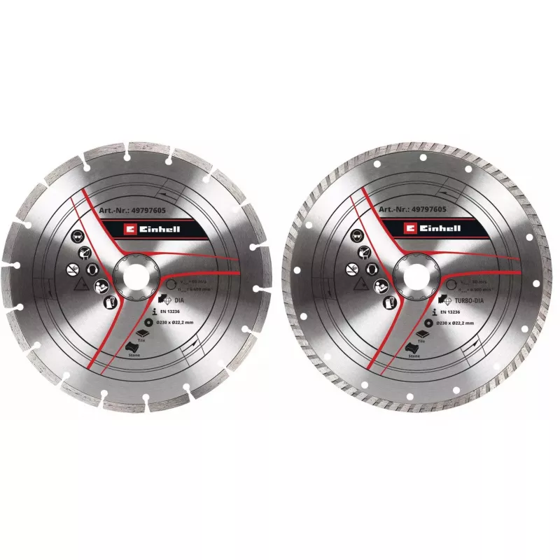 Dimanta griešanas disku komplekts leņķa slīpmašīnām EINHELL 230×22,23×1,8 mm, turbo mala, 2 gabali