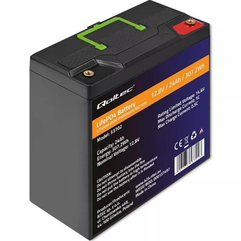Qoltec 53702 LiFePO4 litija dzelzs fosfāta akumulators | 12.8V | 24Ah | 307.2Wh | BMS