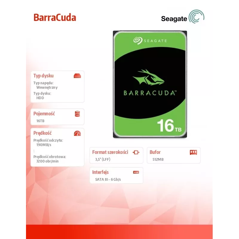 Seagate Barracuda 16 TB iekšējais cietais disks 7200 RPM 512 MB 3.5 collu Serial ATA