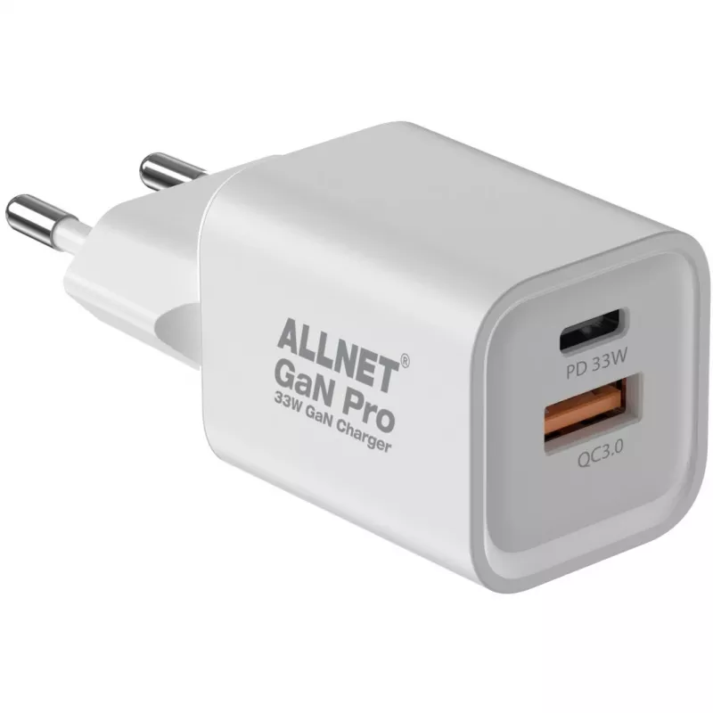 ALLNET barošanas adapteris PSU-GaNPD-USB-1A1C-33W — 33W USB-C PD un USB-A QC lādētājs, EU kontaktdakša