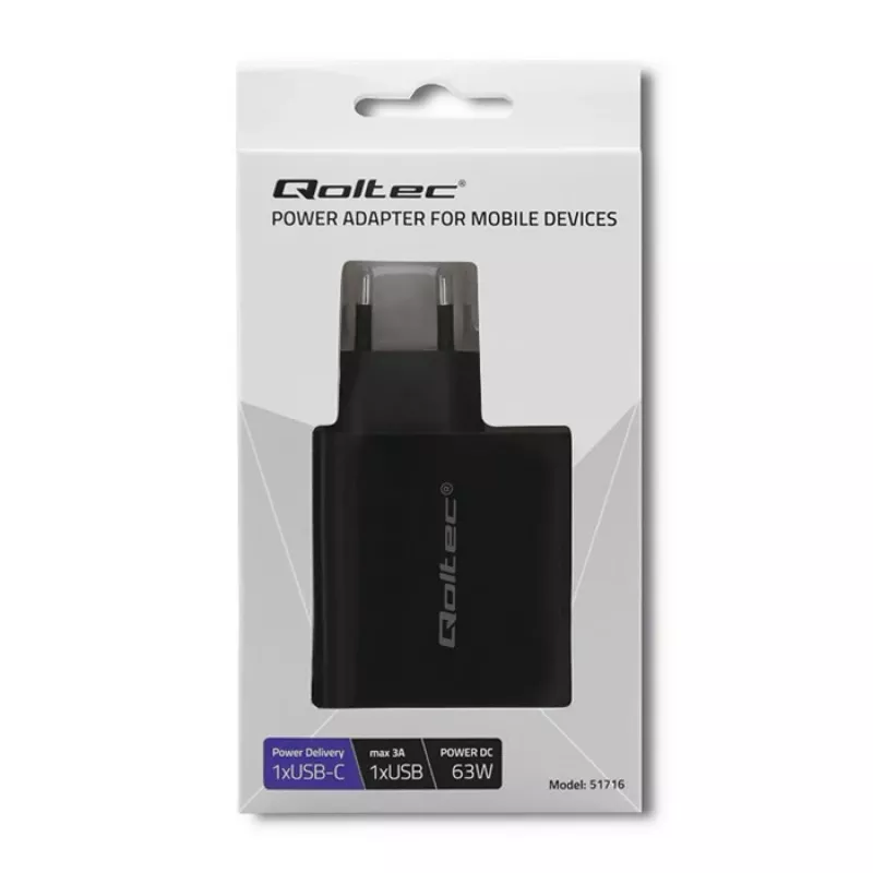 Barošanas adapteris QOLTEC 51716 — maiņstrāva 220–240 V līdz 20 V 3 A (63 W), melns, iekštelpu universāls lādētājs