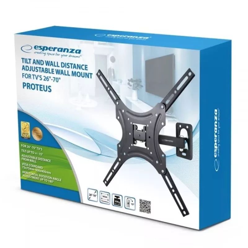 TV sienas stiprinājums ESPERANZA PROTEUS 26–70 collu (66–177,8 cm) televizoriem, noliekšana ±15°, pagriešana 120°, VESA 75×75–400×400, maks. slodze 55 kg, melns