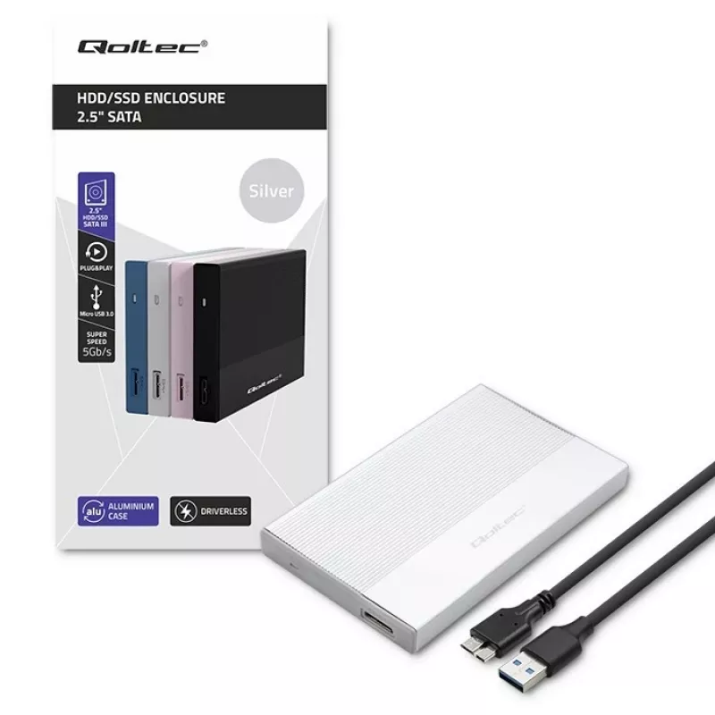 Ārējais korpuss 2,5 collu SATA SSD/HDD QOLTEC 52278 USB 3.0, atbalsta līdz 2 TB