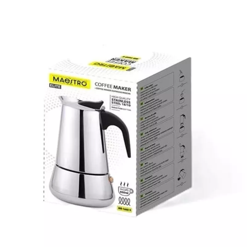 Moka katls Maestro MR-1660-9, plīts virsmas kafijas automāts 6 tasītēm, melns
