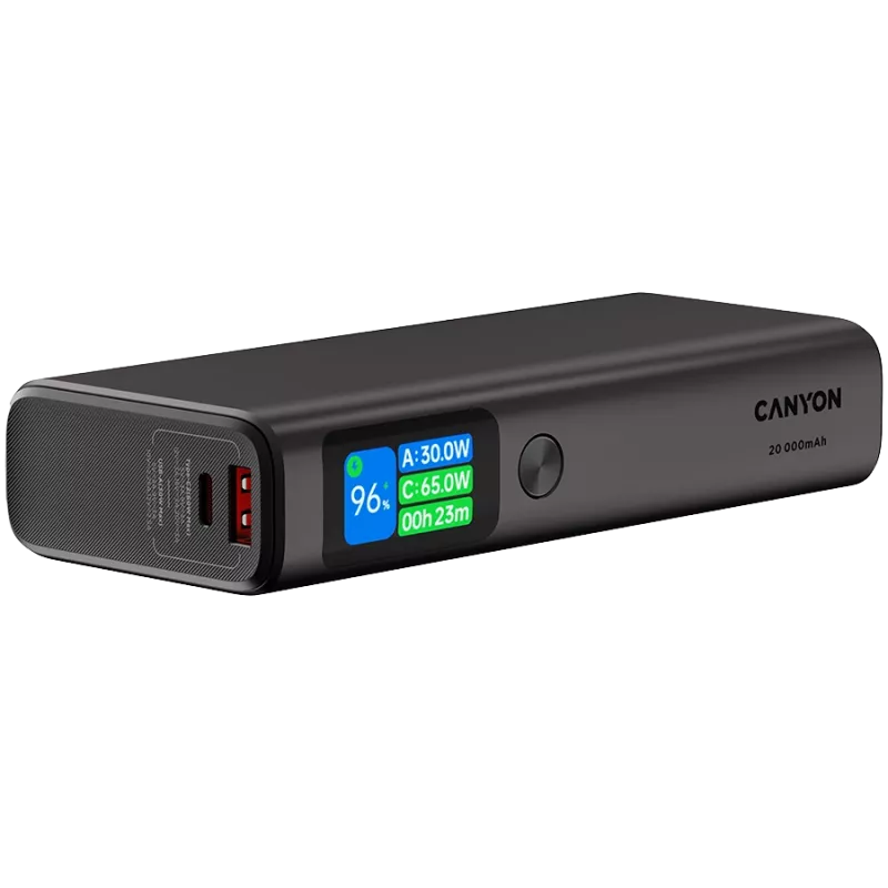 Canyon OnPower 230 TFT ārējais akumulators, 20000 mAh, PD 130 W, 2x USB-C + USB-A, metāla korpuss, tumši pelēks