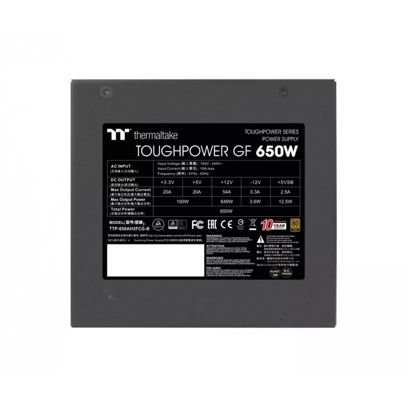 Barošanas bloks THERMALTAKE Toughpower ATX 650W Gold, 80 PLUS Gold, 650 W, ATX, 90 mm ventilators, 20+4 kontakti, 1x PCIe (6+2), 3x SATA, 2x Molex