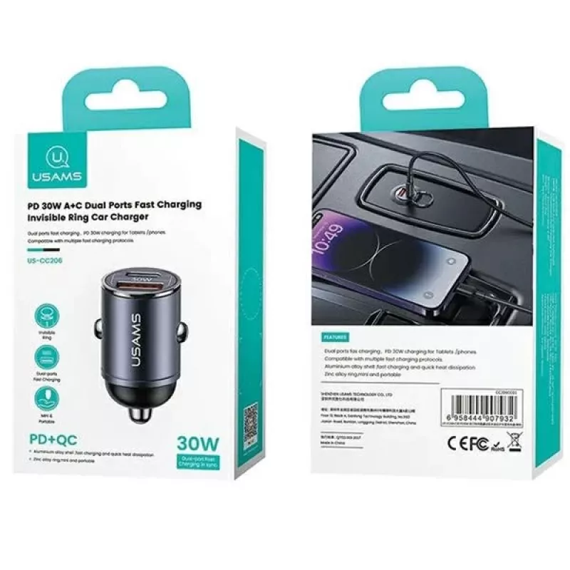 Auto lādētājs usams C38 30W — 1x USB-A + 1x USB-C ātrā uzlāde