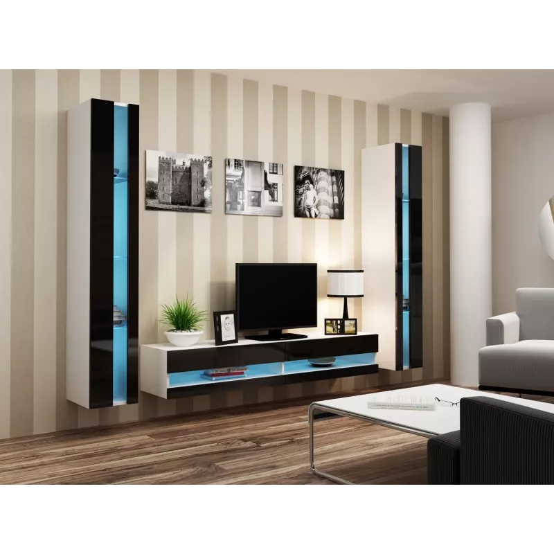 TV statīvs Cama Meble VIGO NEW 30/180/40, balta virsma, melns spīdīgs rāmis, 1800×400×300 mm