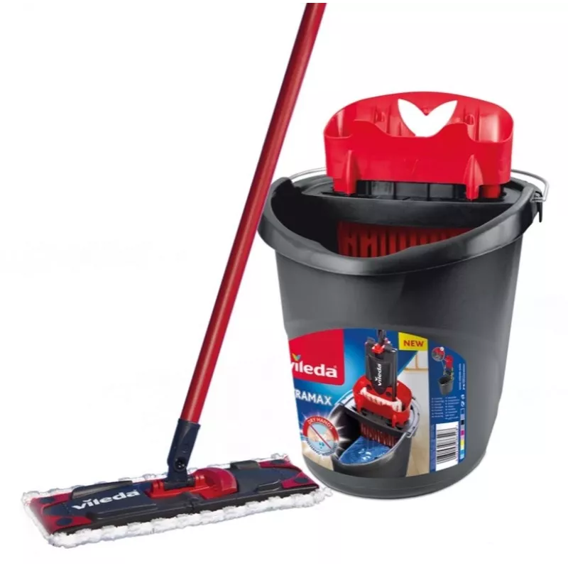 Grīdas mops VILEDA Ultramax BOX 177453 ar atkārtoti uzpildāmu mikrošķiedras galvu, izspiešanas spaini, 3 mazgājamām salvetēm, melns