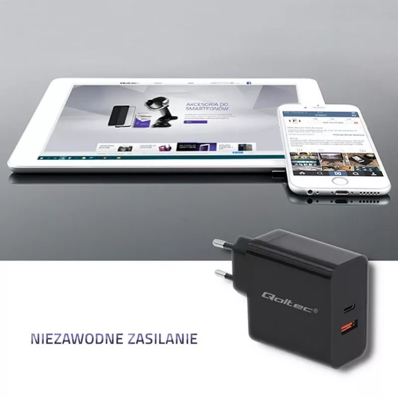Barošanas adapteris QOLTEC 51716 — maiņstrāva 220–240 V līdz 20 V 3 A (63 W), melns, iekštelpu universāls lādētājs