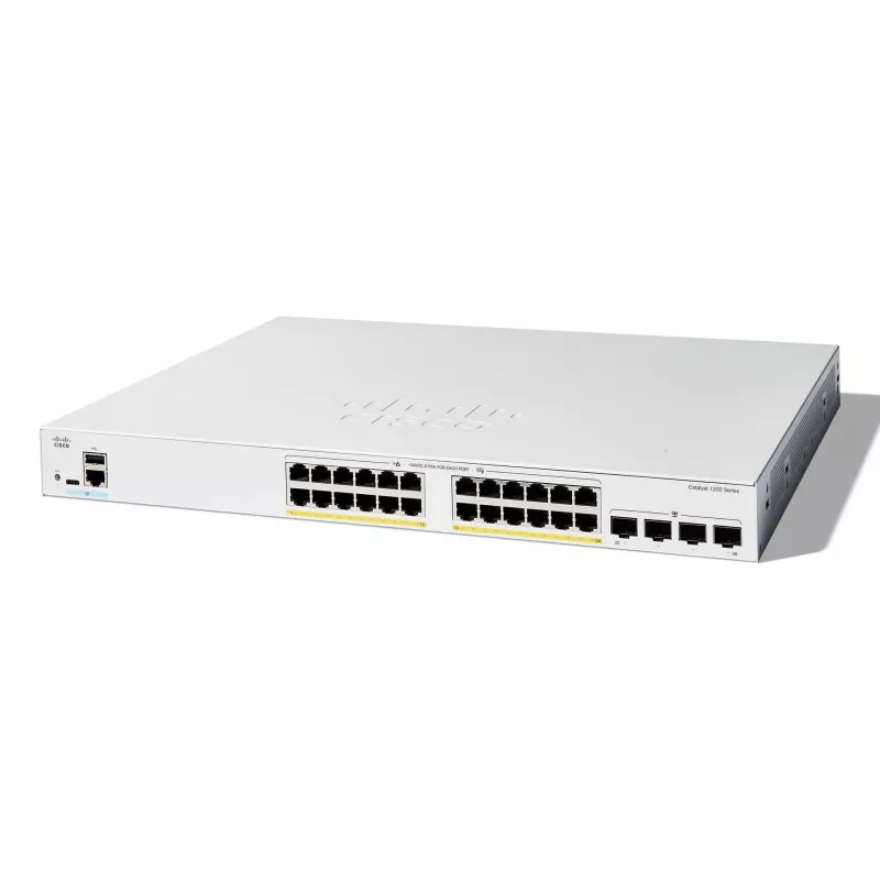 Cisco Catalyst 1200-24FP-4G viedais slēdzis, 24 porti GE, pilns PoE, 4x1GE SFP, ierobežota mūža aizsardzība (C1200-24FP-4G)