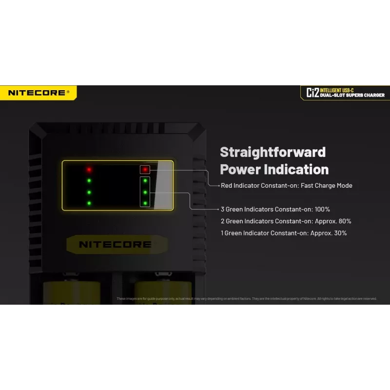 Baterijas lādētājs Nitecore Ci12 Universāls USB lādētājs Li‑Ion, NiCd, NiMH, 3A ieeja 5/9/12V, plastmasas korpuss