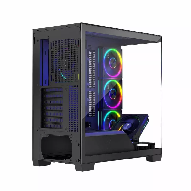 PC korpuss MODECOM Volcano Stellar 5F ATX Midi Tower, rūdīts stikls, 5 iepriekš uzstādīti ventilatori, USB‑C, atbalsta microATX/ATX, maks. GPU 420 mm, CPU dzesētāja augstums 175 mm