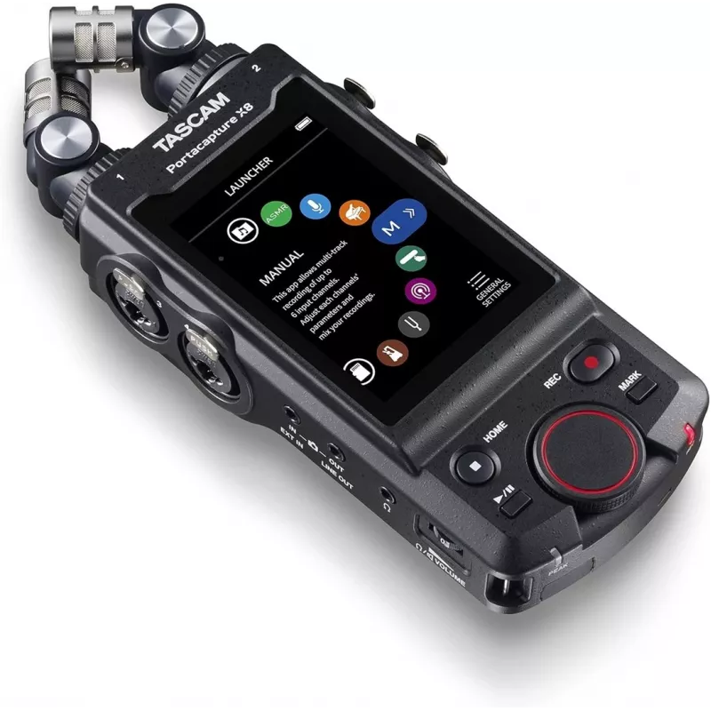 Portatīvais daudzceliņu audio ierakstītājs Tascam Portacapture X8 — 6 kanāli, 24/32 biti, līdz 96 kHz, 4 XLR/TRS kombinētās ieejas, SD karte, USB‑C, baterija vai tīkls