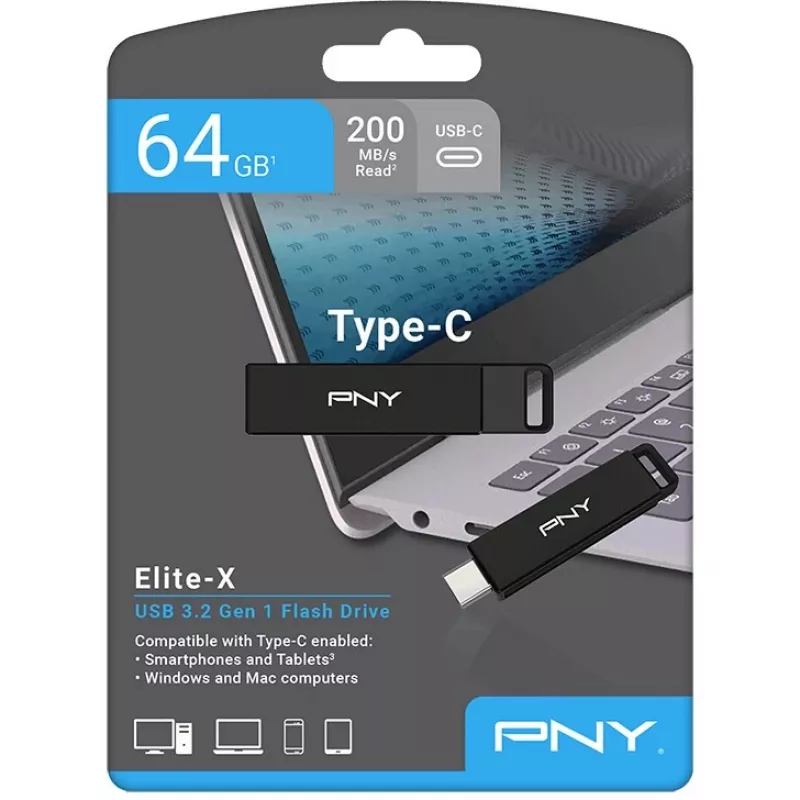 PNY Elite-X USB zibatmiņa 64 GB USB Type-C 3.2 Gen 1 (3.1 Gen 1) Melna (P-FDI64GELTXC-GE)