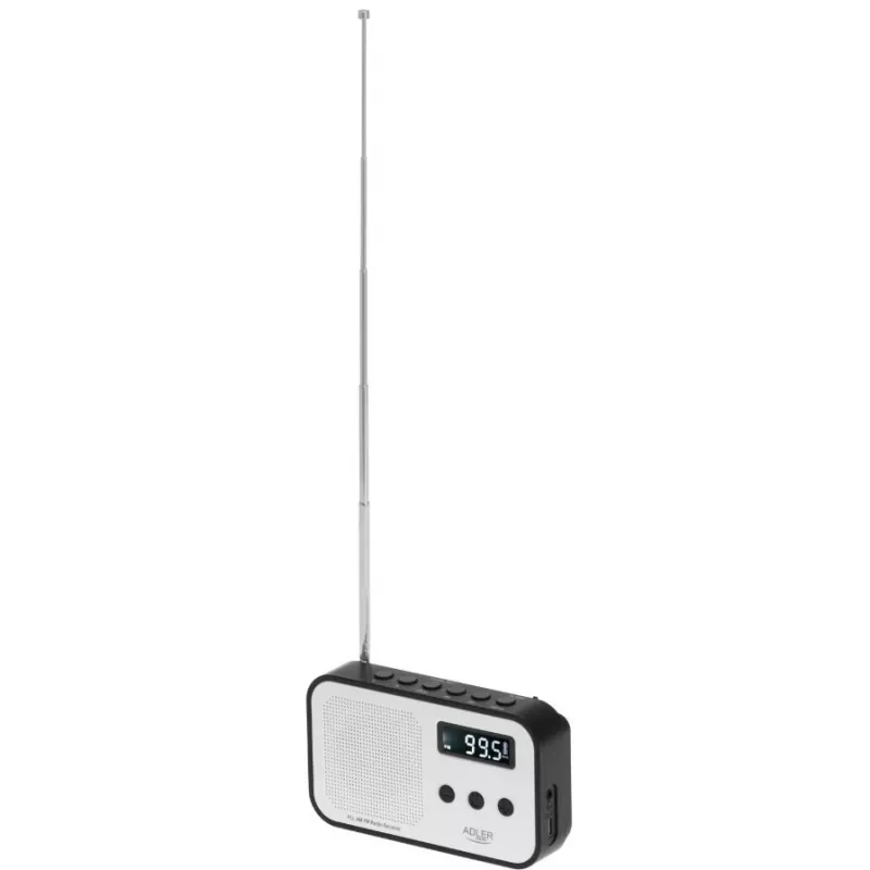 Pārnēsājamais ciparu radio Adler AD 1907 — AM/FM, ciparu uztvērējs, modinātājs, USB-C, 600 mAh baterija, LCD, 20 atmiņas vietas, teleskopiskā antena