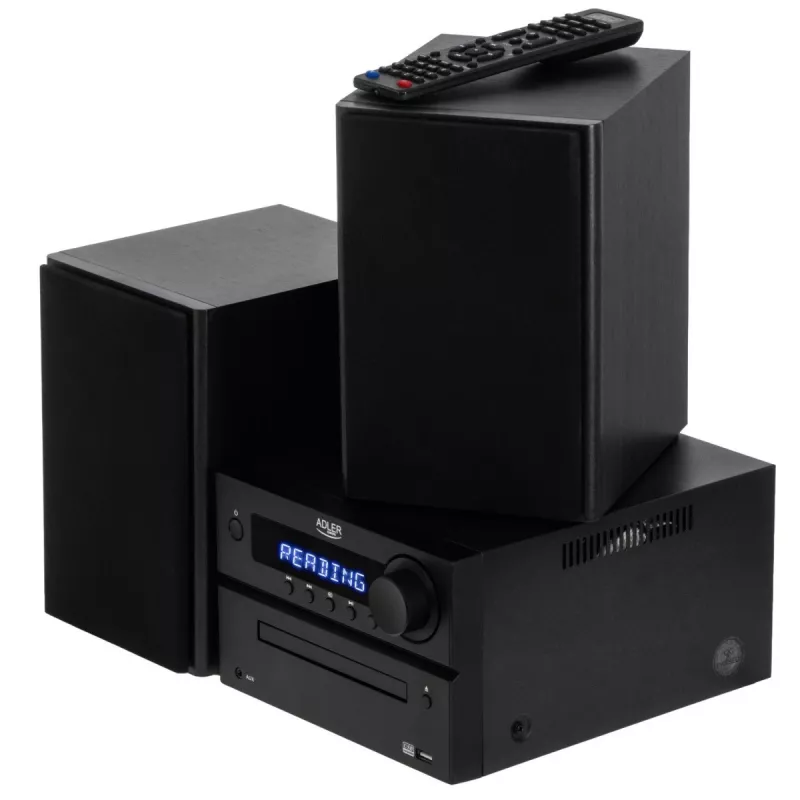Mini Hi‑Fi stereo sistēma Adler AD 1917 — Bluetooth V5.3, CD/USB/MP3, 2×25W RMS, FM uztvērējs, 4 joslu EQ, AUX, melna
