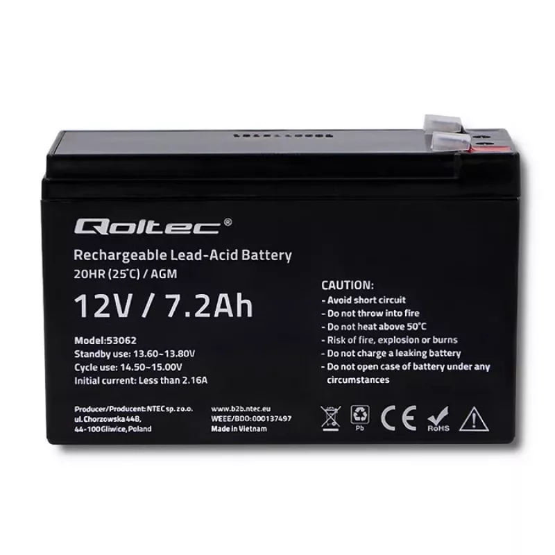 Qoltec 53062 AGM akumulators | 12V | 7,2 Ah | maks. 108A