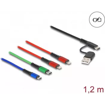 DeLOCK USB uzlādes kabelis 4-in-1 USB Type-A/USB-C uz 2 × Lightning, Micro USB, USB-C 1,20 m