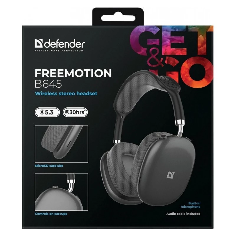 Bezvadu austiņas DEFENDER EEMOTION B645 — binārās, galvas lente, USB-C, AUX, slēgtas, apkārt auss, 20–20000 Hz, 105 dB