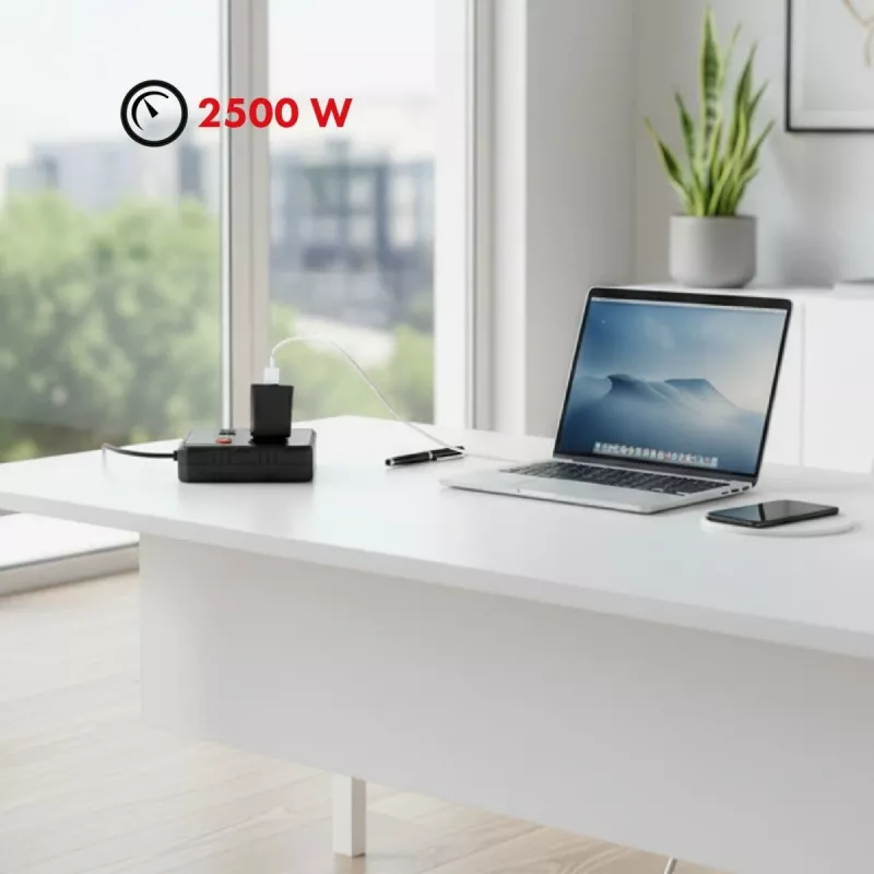 Strāvas sadalītājs MACLEAN MCE388 B — 2 maiņstrāvas rozetes, 3×USB A, 110–120V 50/60Hz, 2500W, 3 m kabelis, melns