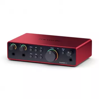 Audio interfeiss Focusrite Scarlett 2i2 4. paaudze — 2-ieeju/2-izeju USB-C, 24 bitu/192 kHz, 69 dB priekšpastiprinātāji, galda, melns/sarkans