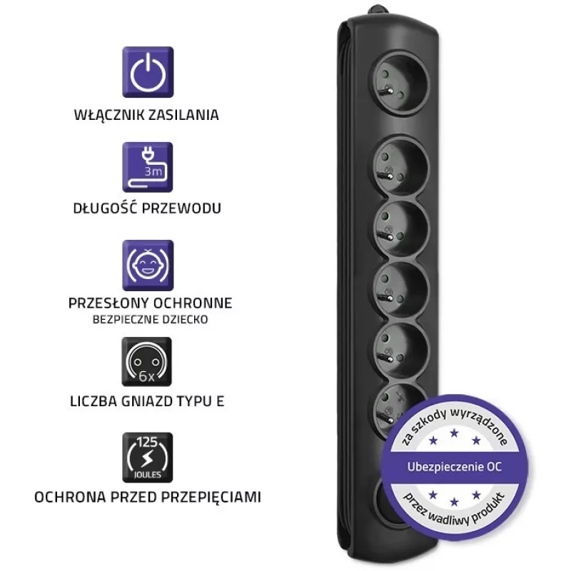 Pārsprieguma aizsargs Qoltec 50112 Melns 6 maiņstrāvas rozetes 230V 3m