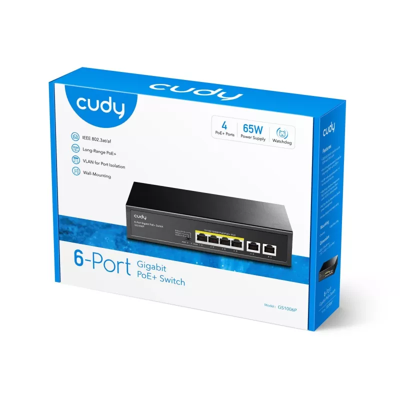 Tīkla slēdzis Cudy GS1006P Nevadāms Gigabit Ethernet 6-portu PoE, 12 Gbit/s, 2048 MAC, Melns
