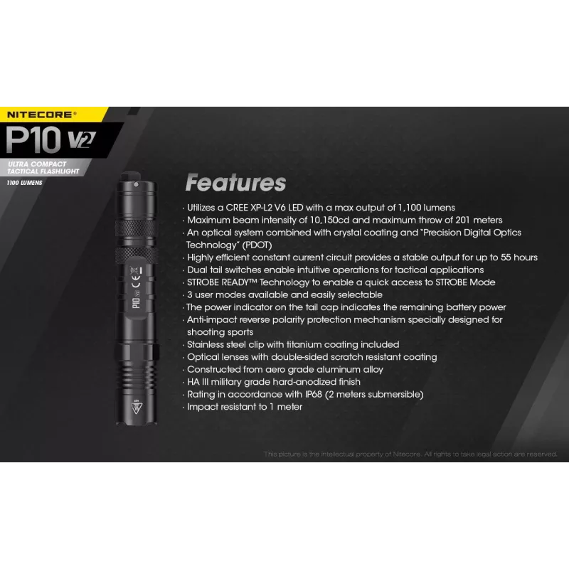 Taktiskais lukturītis Nitecore P10 V2 — 1000 lm, IP68 ūdensizturīgs, triecienizturīgs, 95 g, saderīgs ar 18650/CR123