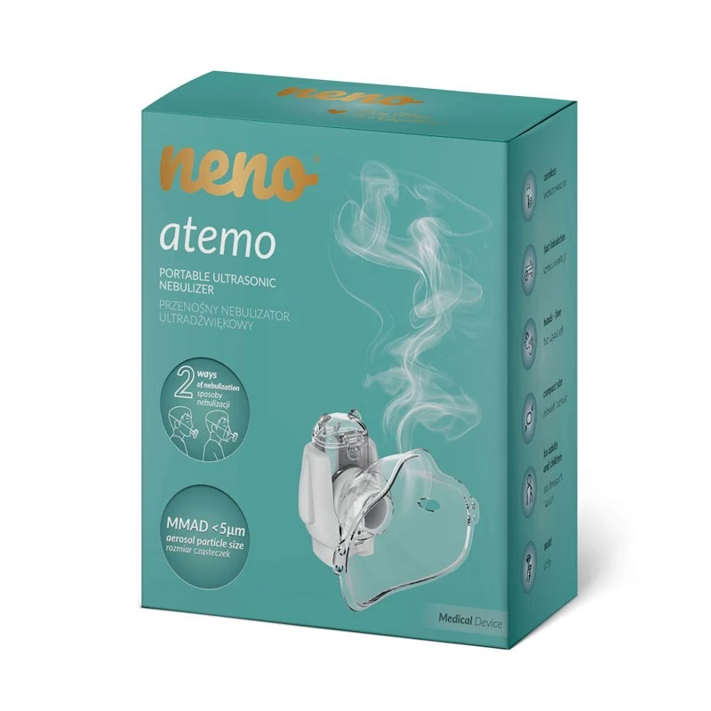 Pārnēsājams ultraskaņas inhalators neno Atemo 36 / 5 000 — ar bateriju/USB, bērniem, ietver iemuti un bērnu masku