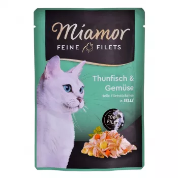 Slapjā kaķu barība Miamor Fine Fillets in Jelly 100 g — zivs ar burkānu, pieaugušiem kaķiem, paciņa