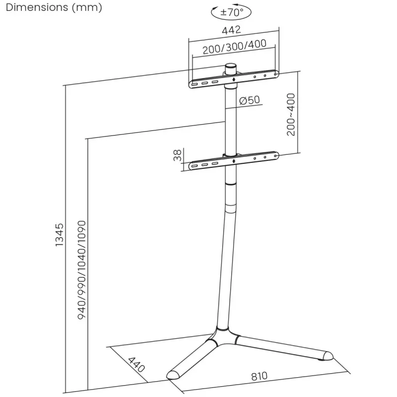 TV grīdas statīvs MACLEAN MC-494 32 collu–70 collu televizoriem, VESA līdz 400×400 mm, maks. slodze 40 kg, slīpums 70°
