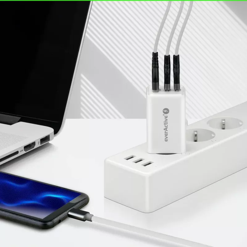Strāvas lādētājs everActive SQ-655Q 65W, 1×USB-A + 2×USB-C ātra uzlāde
