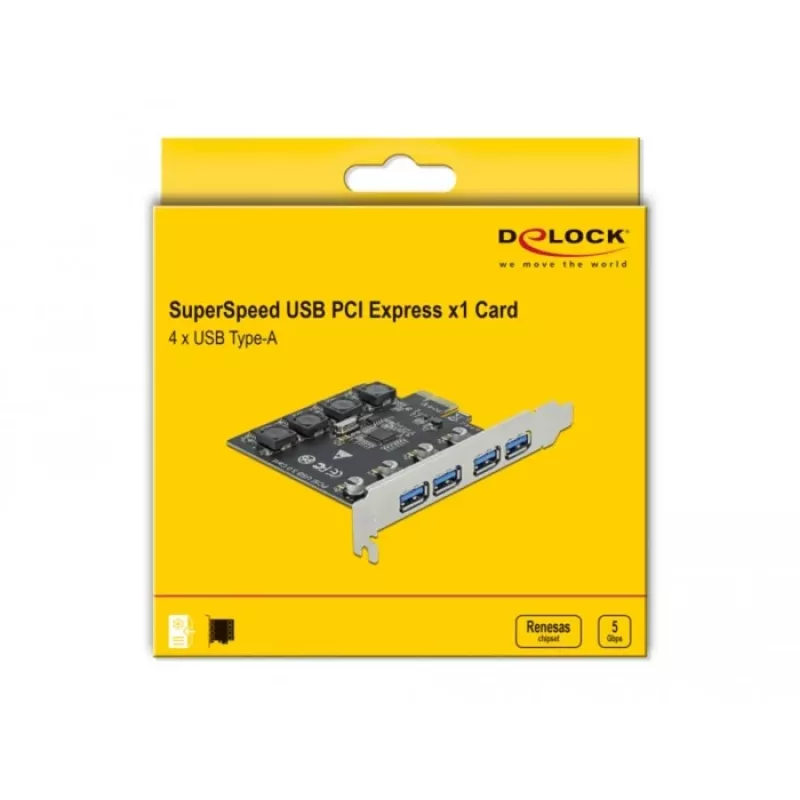 Delock PCI Express x1 karte ar 4 ārējiem USB Type-A ligzdām SuperSpeed USB