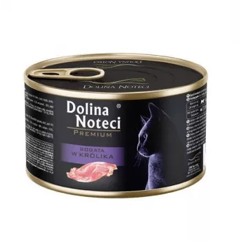 Mitrā kaķu barība Dolina Noteci Premium Rich in rabbit 185 g — pilnvērtīga mitrā barība pieaugušiem kaķiem, olbaltumvielas 10%, tauki 6%, mitrums 80%