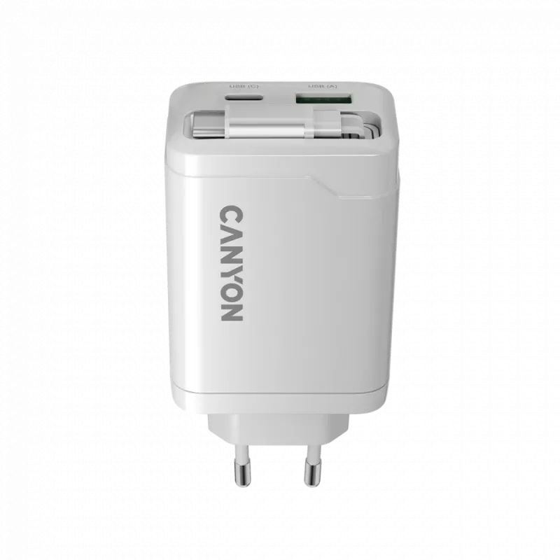 CANYON lādētājs OnCharge 65RC ar iebūvētu USB-C kabeli 65W, 1x PD, 1x QC, ES spraudnis, balts