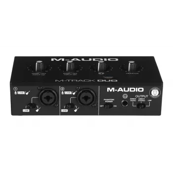 Audio interfeiss M-Audio M-Track Duo — USB 2-ieejas/2-izejas, 16 bitu/48 kHz, 1x XLR/TS combo, 1x instrumenta ieeja, fantoma 48V