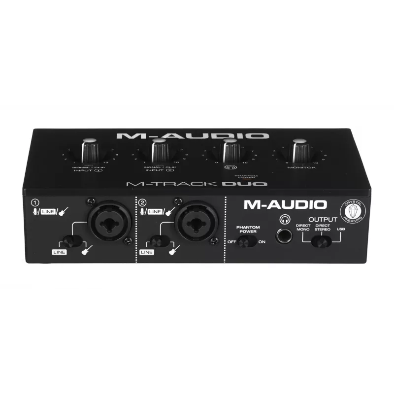 Audio interfeiss M-Audio M-Track Duo — USB 2-ieejas/2-izejas, 16 bitu/48 kHz, 1x XLR/TS combo, 1x instrumenta ieeja, fantoma 48V