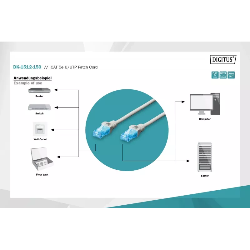 Digitus DK-1512-150 RJ45 tīkla kabelis CAT 5e U/UTP pelēks 15m